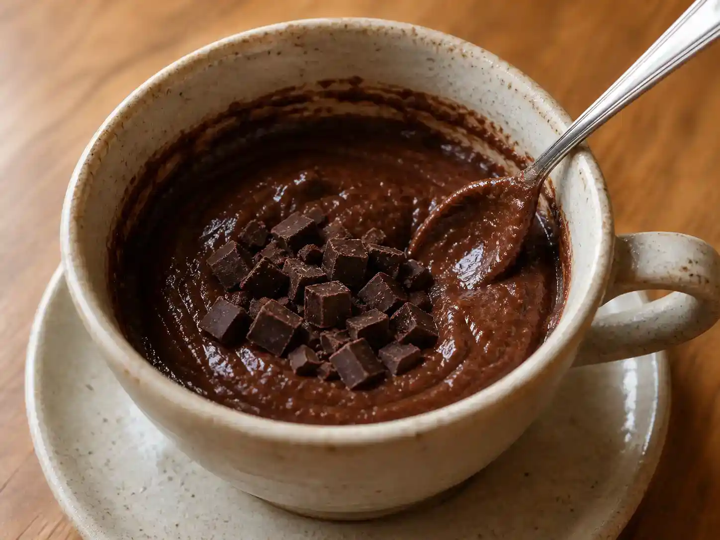 Hackad mörk choklad läggs i mitten av smeten för extra kladdig kladdkaka i mugg
