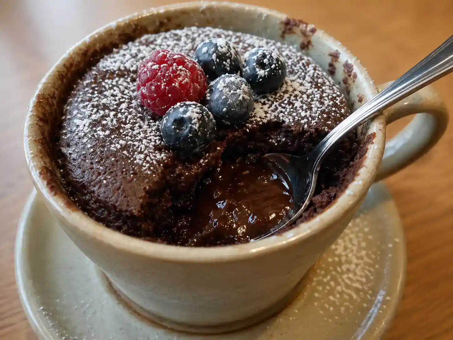Färdig kladdkaka i mugg med florsocker, blåbär, hallon och smält choklad i mitten