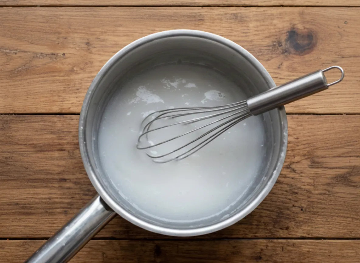 En kastrull där rismjölsgröt vispas ihop för att fungera som bindemedel i kimchipastan.