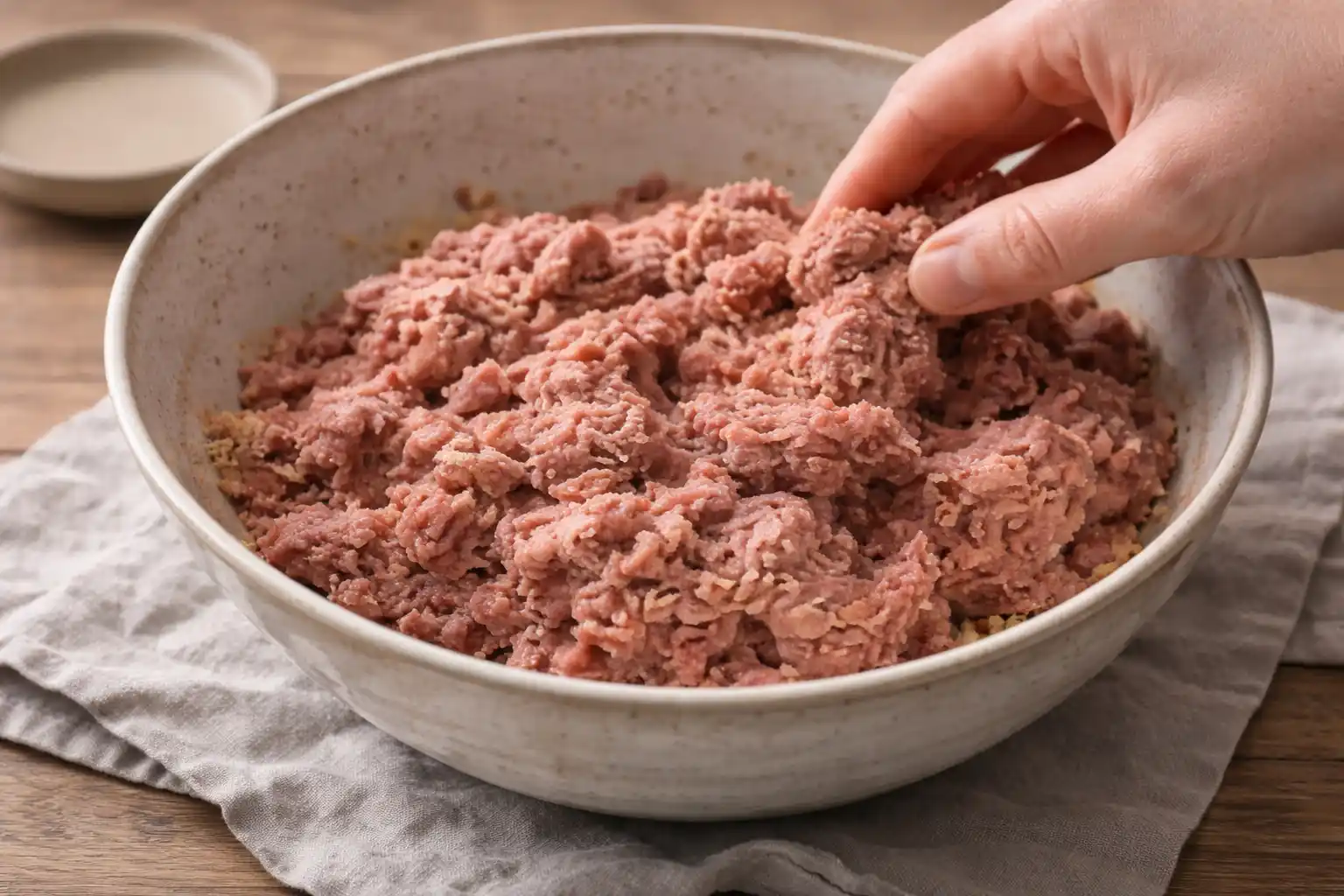 Blandfärs arbetas ihop med smeten i en skål till köttbullar i ugn