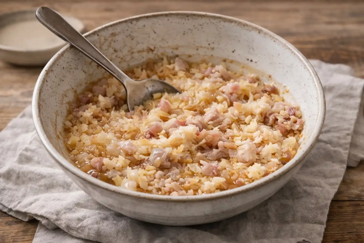 Riven lök blandas med ströbröd, mjölk, ägg och kryddor i en skål till köttbullar i ugn