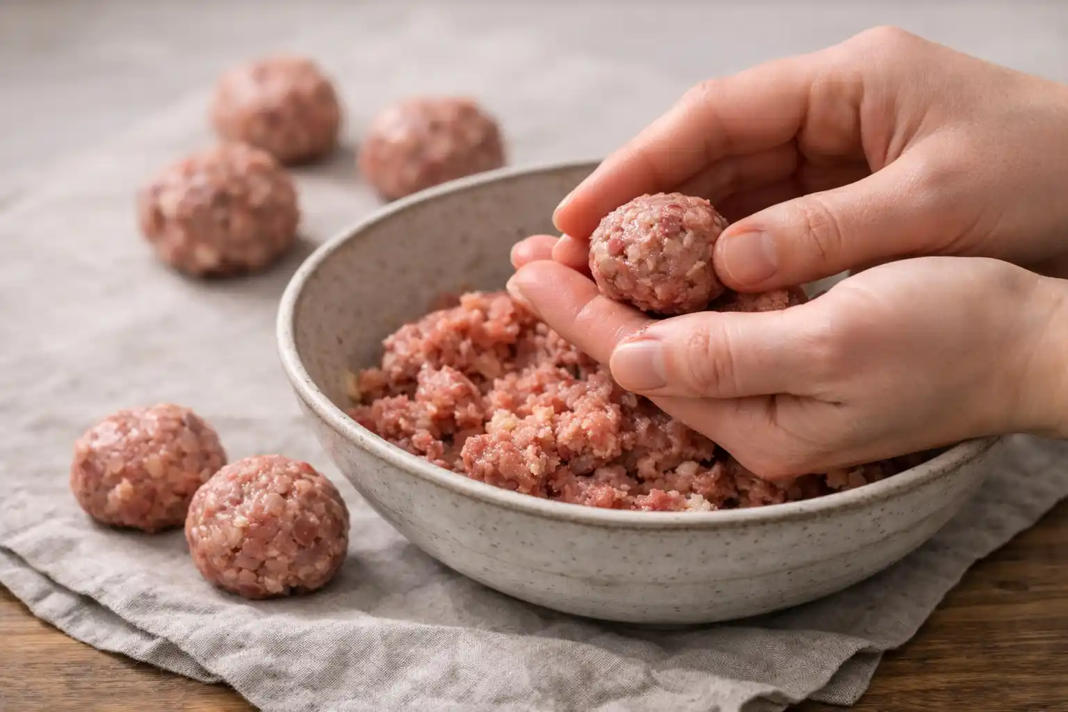 Händer formar jämna råa köttbullar av färssmet på en arbetsyta