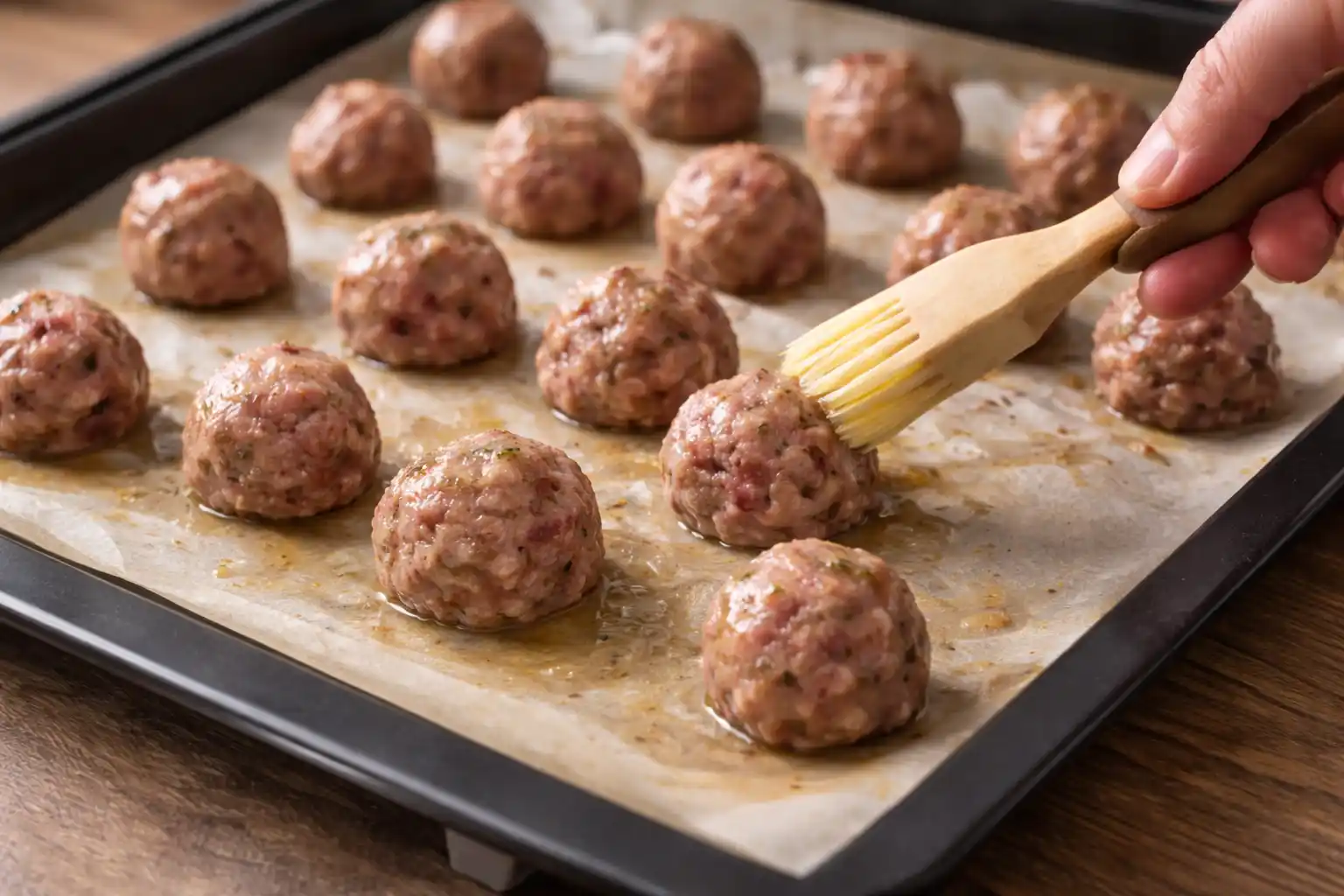 Råa köttbullar på bakplåtspapper penslas med smält smör före ugnsbakning