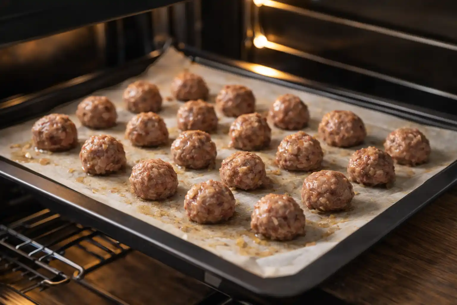 Köttbullar bakas i ugnen på en plåt tills de får gyllenbrun färg