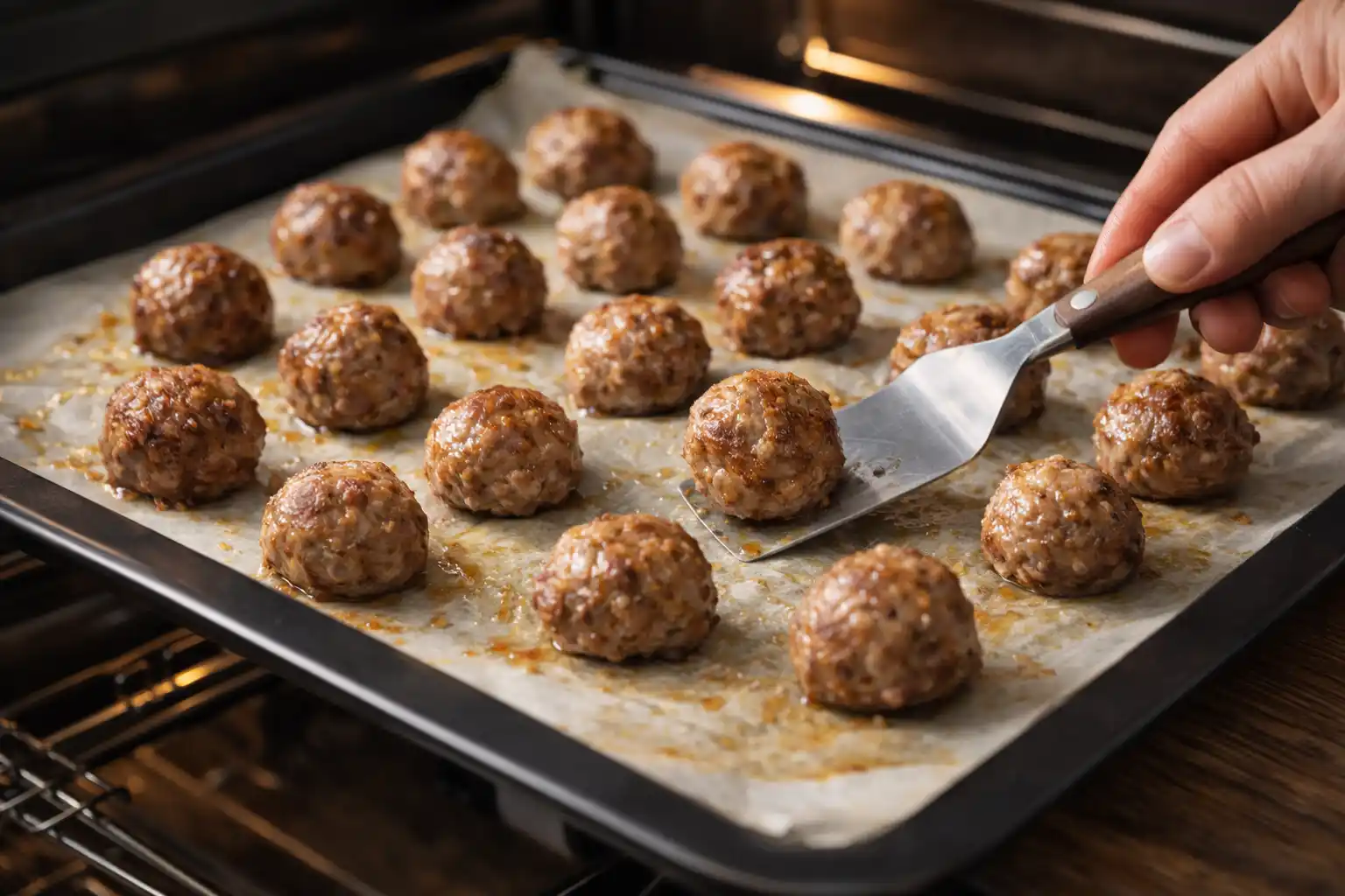 Köttbullar vänds på plåten för att få jämn stekyta runt om