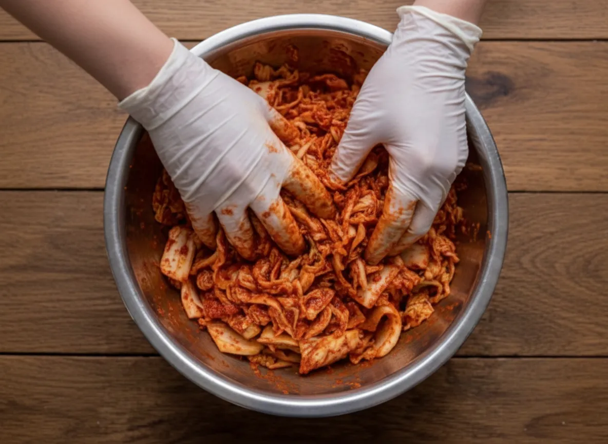 Händer iklädda plasthandskar som noggrant masserar in den röda kryddblandningen i kålen.