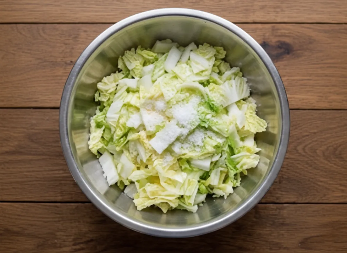 Skuren salladskål blandad med grovt salt i en stor rostfri bunke för att dra ut vätska.