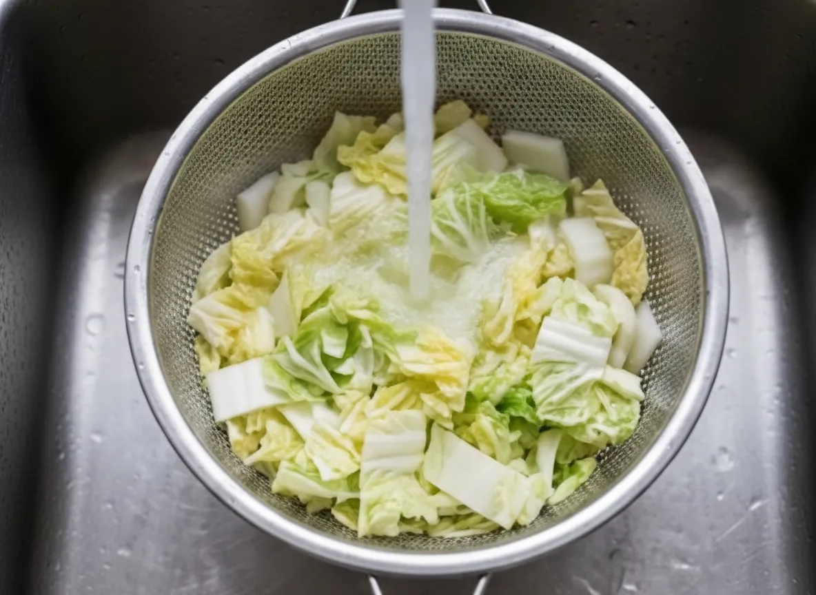 Den saltade kålen sköljs under rinnande kallt vatten i ett durkslag för att avlägsna överflödigt salt.